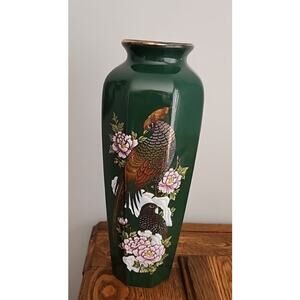 Vtg Kutani Japan Emerald Green Gold Metallic Vase Birds Floral 11"T